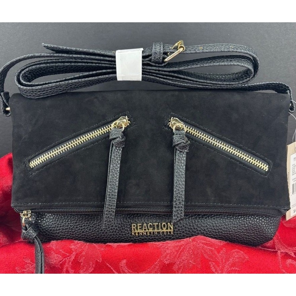 Kenneth Cole Reaction Black Faux Suede Leather Crossbody Bag Gold Hardware NEW